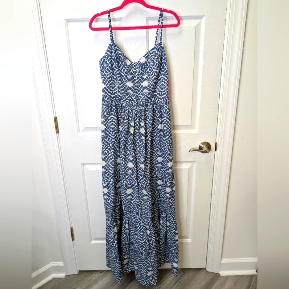 Betsey Johnson Navy Blue and White Patterned Maxi Dress